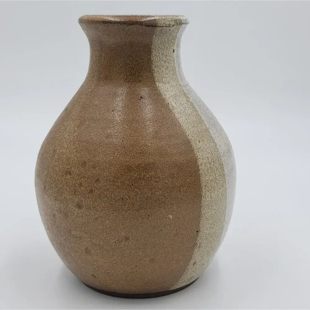 Vintage tri color earthtone handmade ceramic earthenware folk art vase